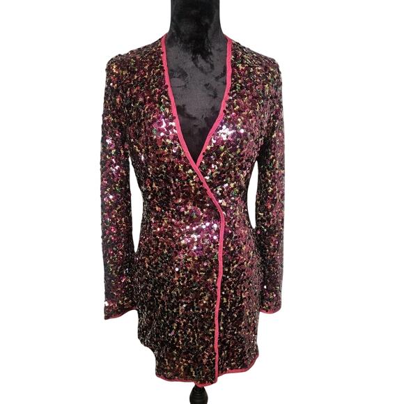 Pretty Little Thing Burgundy Sequin Long Sleeve Blazer Dress Size 2 Holiday NWT - Picture 1 of 4